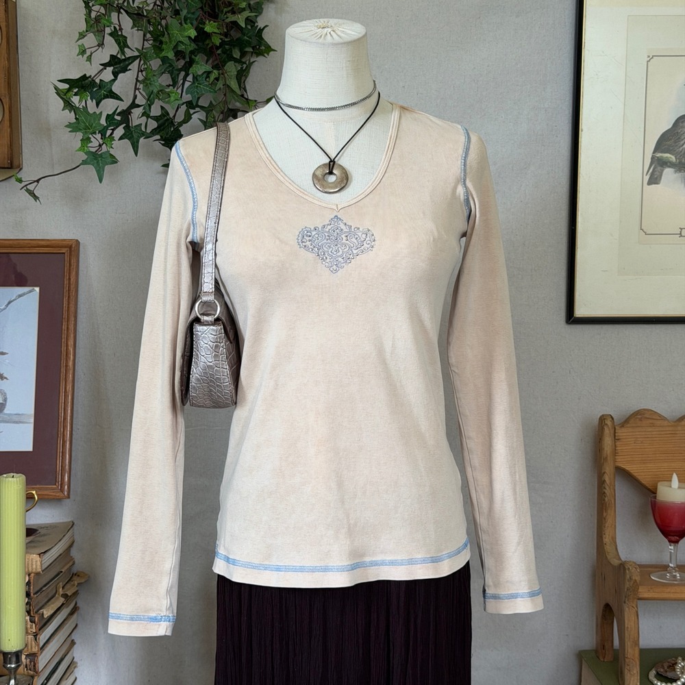 Tan Rhinestone Graphic Long Sleeve Top Indie Boho Grunge Y2K Vintage Fitted S